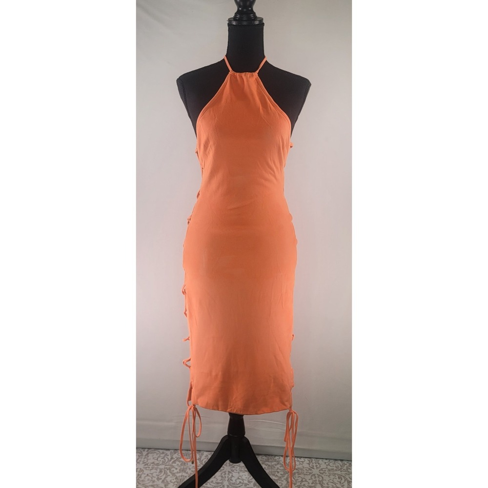 House of CB Orange Bodycon Midi Dress Lace Up Sides‎ Halter Size M